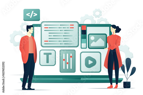 Two people creating web-design. UI-UX design concept flat illustration 