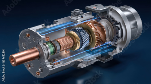 Fototapeta Naklejka Na Ścianę i Meble -  Electric motor with blue rotating light, layered motor, multiple gears, disassembled structure, rotating state, silver and bronze metal, 3D Illustration.