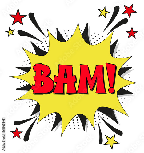 Comic lettering bam. Vector bright cartoon illustration in retro pop art style. Comic text sound effects. EPS 10.	
