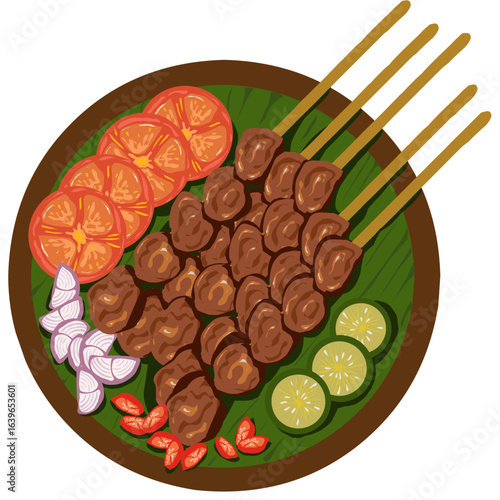A delicious plate of traditional satay, featuring grilled meat skewers with fresh tomato, onion, and lime slices. Top view illustration of Asian cuisine.