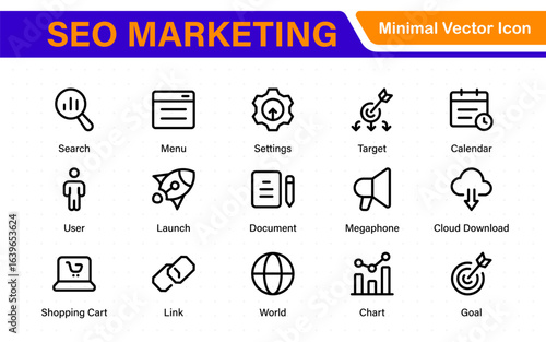 SEO – Search Engine Optimization. Thin‑line icon set for web, digital marketing, ranking, analytics, and website growth. Simple vector symbols for strategy and development.