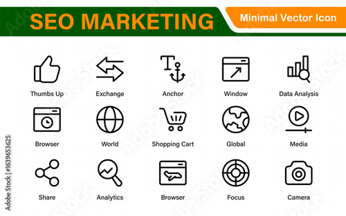 SEO – Search Engine Optimization. Thin‑line icon set for web, digital marketing, ranking, analytics, and website growth. Simple vector symbols for strategy and development.