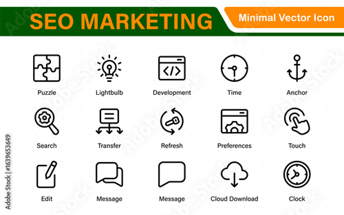 SEO – Search Engine Optimization. Thin‑line icon set for web, digital marketing, ranking, analytics, and website growth. Simple vector symbols for strategy and development.