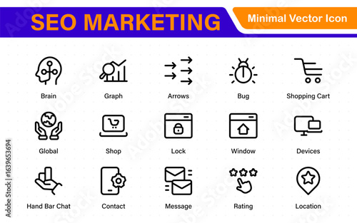SEO – Search Engine Optimization. Thin‑line icon set for web, digital marketing, ranking, analytics, and website growth. Simple vector symbols for strategy and development.