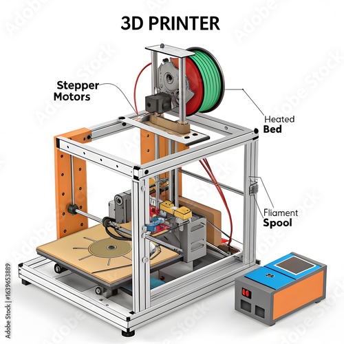 Close up of a 3d printer with labeled components and filament spool