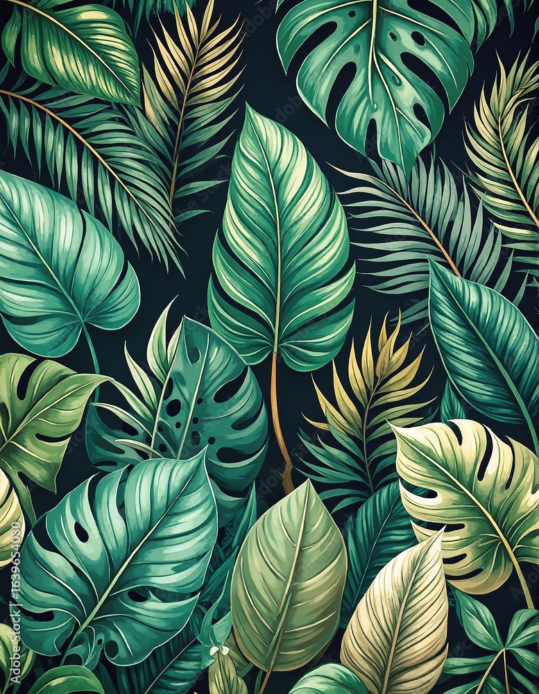 Fototapeta premium A vibrant seam pattern featuring lush tropical leaves in various shades of green, intertwined with hints of bright floral accents, creating a lively, exotic feel.