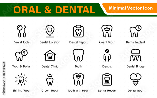 Oral and Dental icon set. Containing tooth, dentist, toothpaste, toothbrush, teeth, implant and dentistry icons. Solid icon collection.