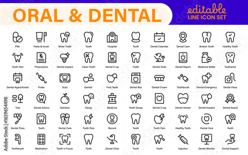 Oral and Dental icon set. Containing tooth, dentist, toothpaste, toothbrush, teeth, implant and dentistry icons. Solid icon collection.