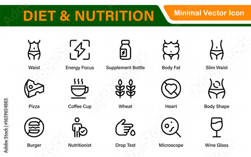 Diet Nutrition icon set. vegetables, water, meal planning, fruits, dietary fiber, protein, vitamins, healthy fats, and carbohydrate icons. Solid icon collection.