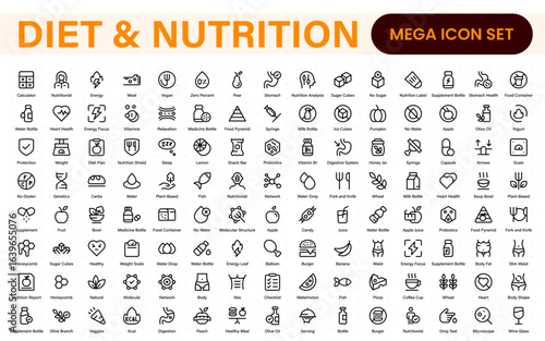 Diet Nutrition icon set. vegetables, water, meal planning, fruits, dietary fiber, protein, vitamins, healthy fats, and carbohydrate icons. Solid icon collection.