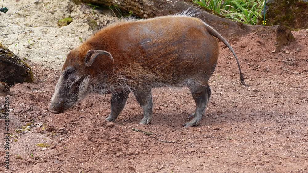 Red river hog, Potamochoerus porcus, also known as the bush pig. This pig has an acute sense of smell to locate food underground. Red river hog, Potamochoerus porcus, also known as the bush pig. This pig has an acute sense of smell to locate food underground.