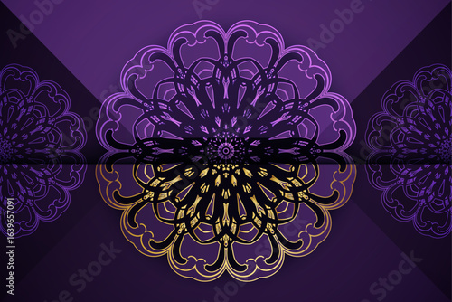Three concentric circle mandala in yellow gold purple with intricate ornate symmetrical star design