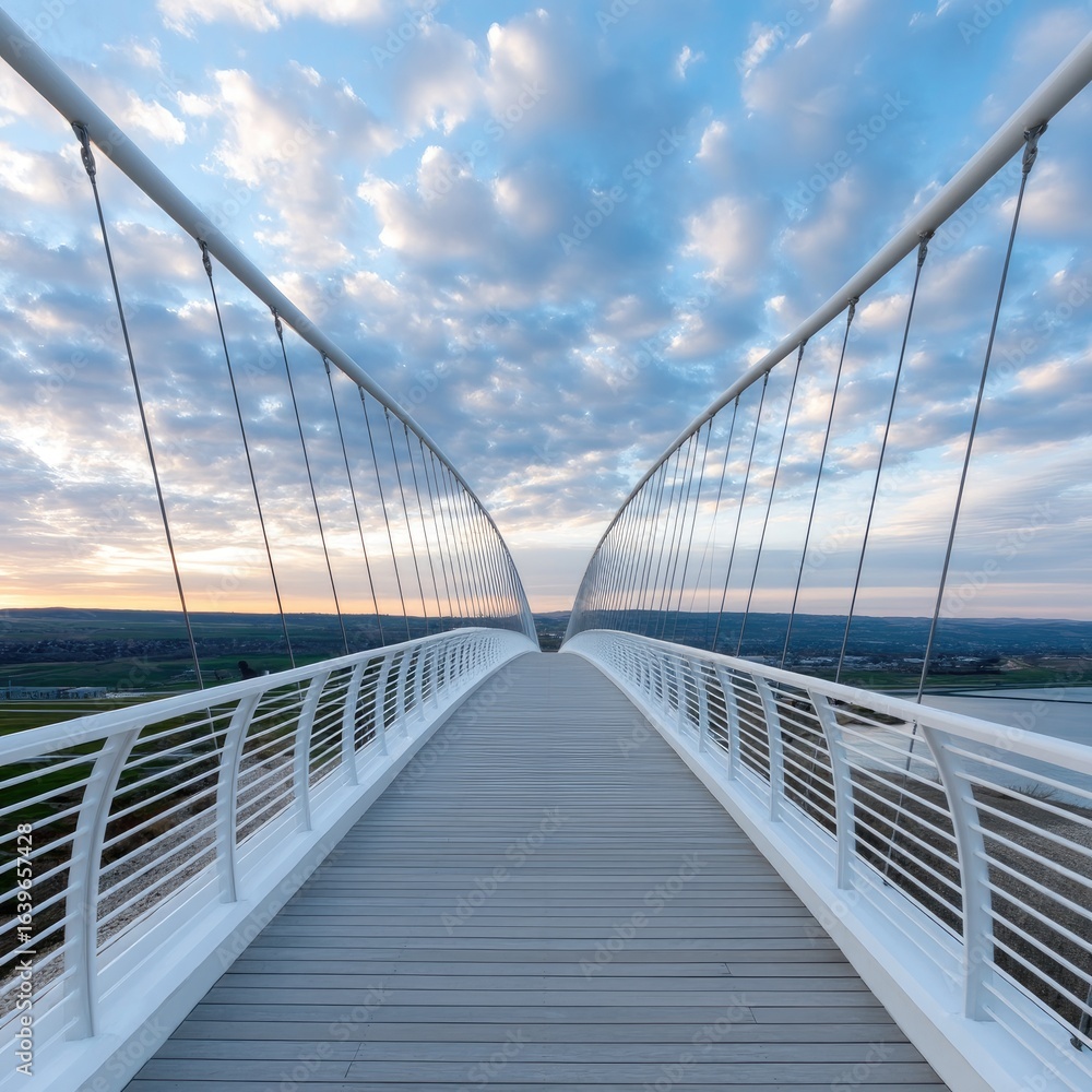 Fototapeta premium Elevated Pedestrian Footbridge with Cable Supports at Sunrise