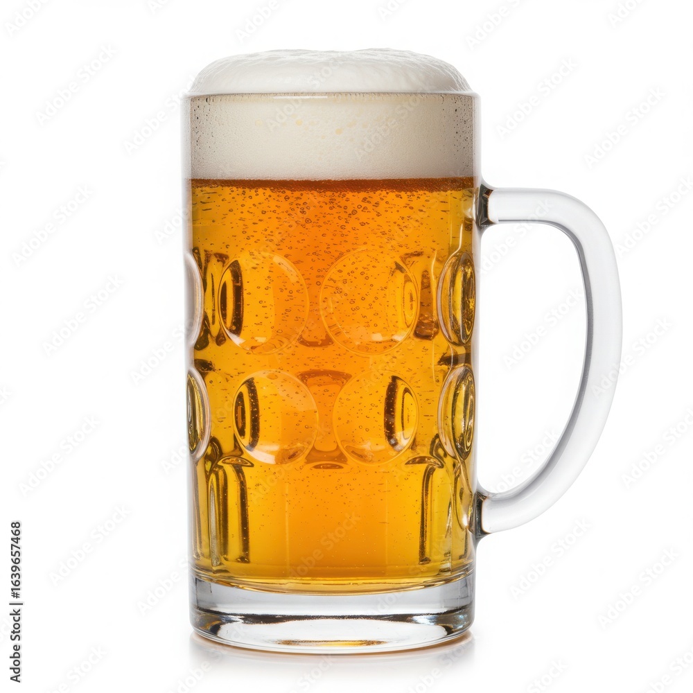 Frothy beer mug filled with golden lager on white background Frothy beer mug filled with golden lager on white background