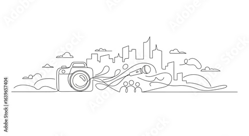 Cityscape Through a Lens: An artistic line drawing depicts a city skyline with a camera at the forefront, symbolizing the capture of urban landscapes and the creative perspective of photography.