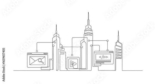 Skyline Network: A stylized line art representation of a connected cityscape, symbolizing digital networks and technological advancement.