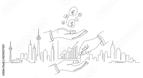 Financial Harmony: A digital illustration depicts a cityscape, hands exchanging coins and analyzing financial graphs, signifying the dynamic interplay between finance and urban development. 