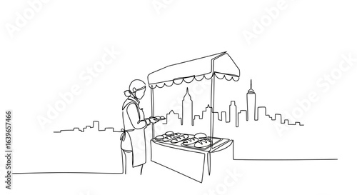 Street Vendor at Food Stall: The image presents a line-art depiction of a food vendor operating from a street stall against a minimalist cityscape backdrop.