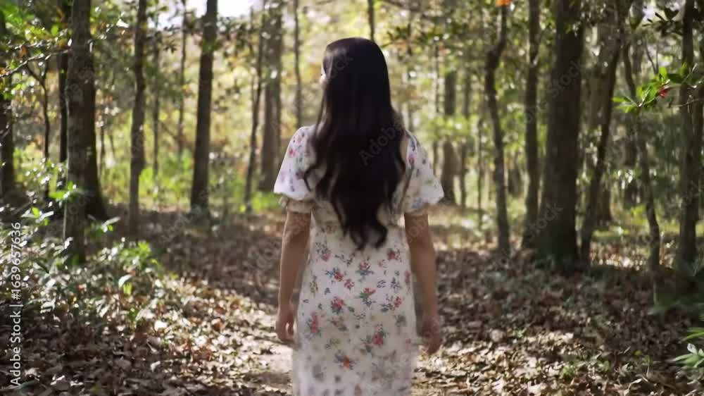 A woman in a floral dress walks along a path through a sunlit forest, enjoying the beauty of nature and a peaceful escape. A woman in a floral dress walks along a path through a sunlit forest, enjoying the beauty of nature and a peaceful escape.