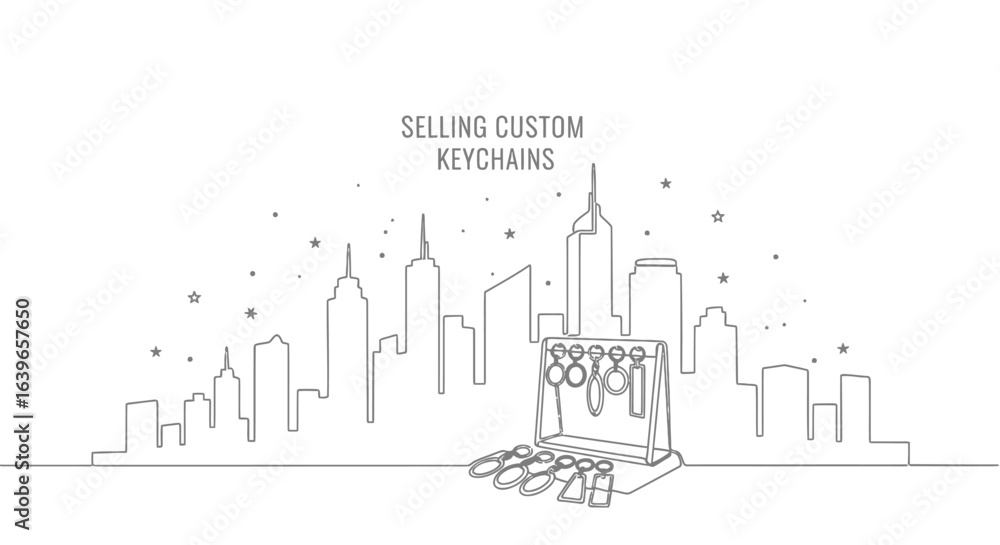 Fototapeta premium Custom Keychains Cityscape: A line art illustration featuring a cityscape as the backdrop, with a laptop displaying custom keychains.