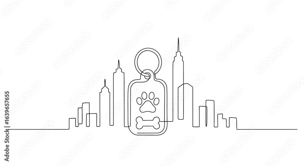 Obraz premium Urban Paw Print Charm: A minimalist linear illustration showcasing a paw print tag with a cityscape background, symbolizing pet companionship in a metropolitan setting.