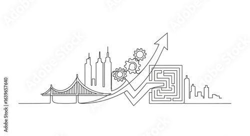 Growth Blueprint: The continuous line drawing showcases an upward-trending arrow, symbolizing progress. The inclusion of buildings, gears.