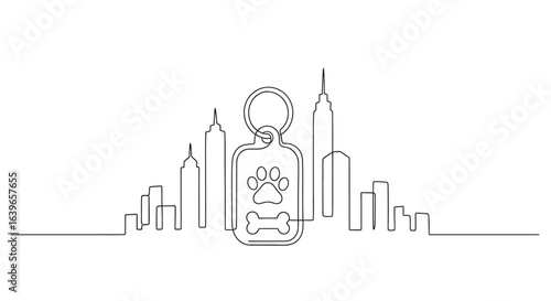 Urban Paw Print Charm: A minimalist linear illustration showcasing a paw print tag with a cityscape background, symbolizing pet companionship in a metropolitan setting.