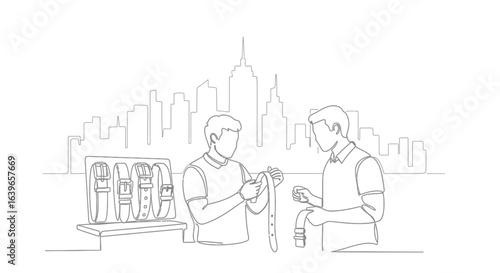 Belt Selection: A meticulously crafted sketch depicts a seller assisting a customer with belt selection, set against the backdrop of an urban cityscape.