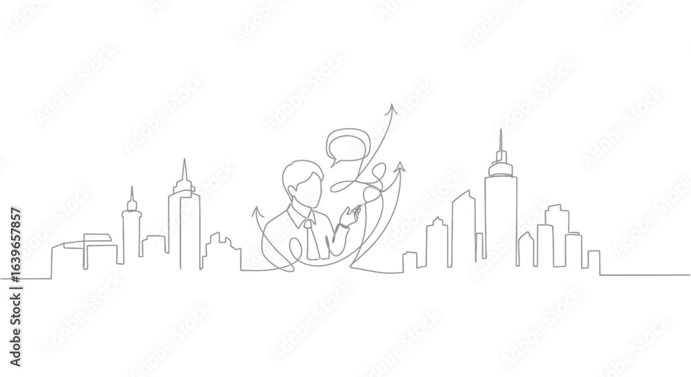 Fototapeta premium Business Growth Skyline: A sleek, single-line illustration depicts two figures against a cityscape backdrop. An arrow symbolizes growth and progress.