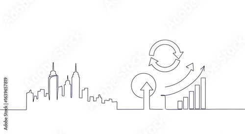 City Skyline and Growth Concept: A single, continuous line elegantly forms a city skyline alongside upward-trending graphs and circular arrows, symbolizing progress and sustainable development. 