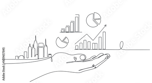 Data Driven Metropolis: An elegant line art depiction shows a hand cradling the cityscape and growth charts and pie charts, symbolizes data-driven urban development.