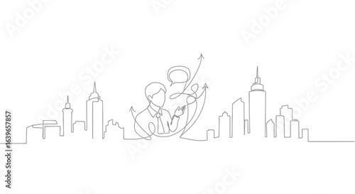 Business Growth Skyline: A sleek, single-line illustration depicts two figures against a cityscape backdrop. An arrow symbolizes growth and progress.