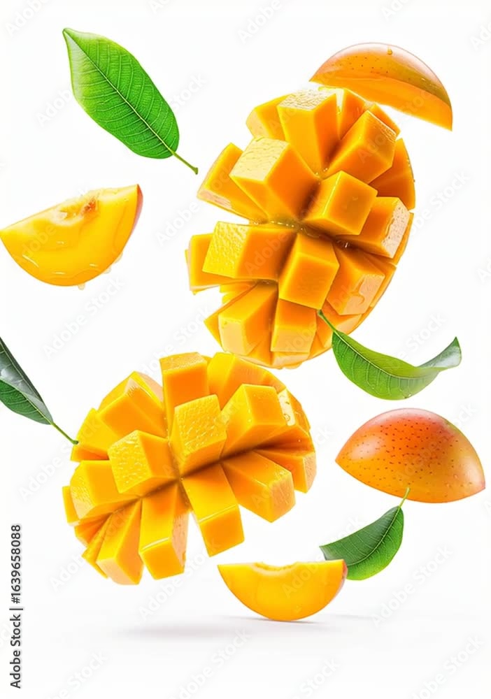 Flying in air fresh ripe whole and cut mango with leaves Flying in air fresh ripe whole and cut mango with leaves