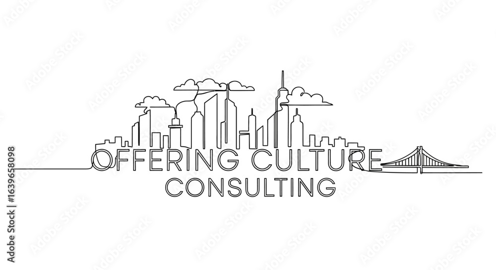 Obraz premium Cityscape Skyline: A minimalist line art illustration of a modern cityscape skyline with clear architectural outlines.