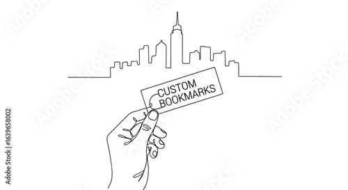 Cityscape Bookmark: A minimalistic line drawing captures a hand holding a bookmark against a metropolitan skyline backdrop, combining artistry and urban elegance.