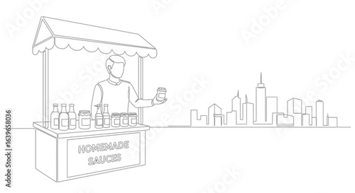 Homemade Sauces: A sketch captures the essence of a local vendor at a vibrant street-side stall, displaying a variety of homemade sauces, with a city skyline setting the stage.