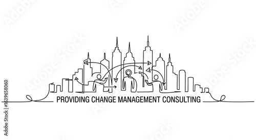 Change Management Consulting: An evocative, minimalist line drawing depicts a stylized city skyline, intertwined with figures. This illustration symbolizes collaboration and change management.