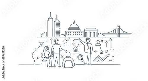 Business Strategy Illustration: A detailed illustration showing a team collaborating, surrounded by charts, graphs, and architectural structures. Emphasizing strategic planning, innovation.
