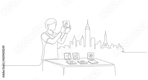 Sketching of travel experience: Simple lines depict a person engaged in travel, showcasing elements of a world tour, with each destination highlighted with distinctive landmark outlines.