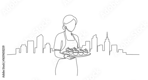 City Cupcake Carrier: A graceful illustration captures a person in an apron, delicately presenting a tray of delightful cupcakes against the iconic backdrop of the cityscape.