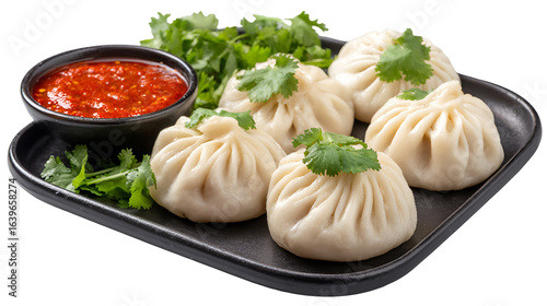 Nepalese Traditional Dish Momo. Authentic Cuisine in Nepal momo over a rustic wooden background.
Steam-cooked momos with sauce.
