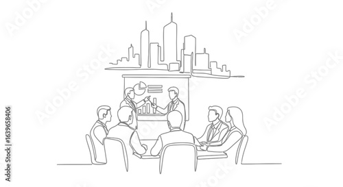Business Meeting in Silhouette: An artistic, single-line drawing captures the essence of a collaborative business meeting, with a cityscape subtly integrated to symbolize growth and vision.