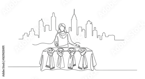 Artisan Craft on Urban Stage: A single-line illustration depicts a woman elegantly presenting handcrafted scarves against the backdrop of an iconic cityscape, emphasizing art and urban craftmanship.