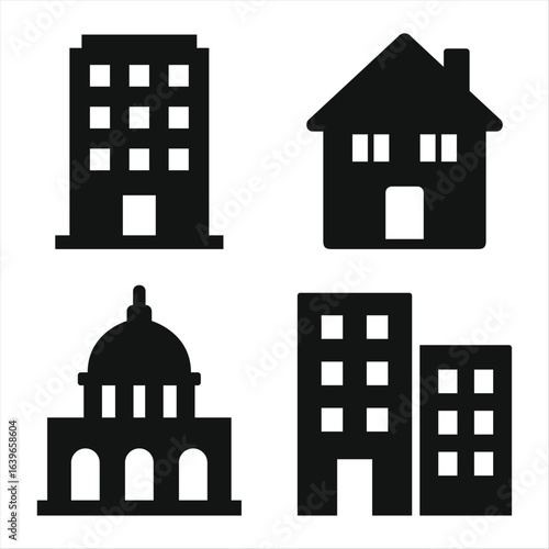 Building Silhouette Icons Set Including House and City Structures