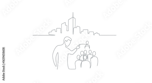 Urban Visionary: A single, continuous line art depicts a leader guiding a team towards an aspirational cityscape, symbolizing strategic foresight.
