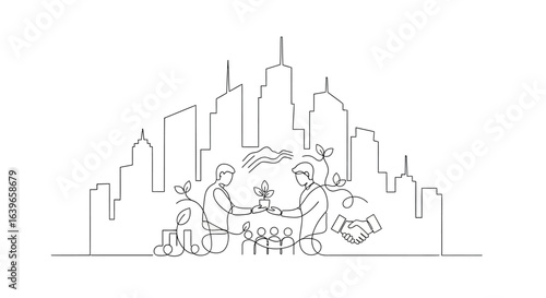 City of the Future: A simple line art illustration showcases two individuals exchanging a growing seedling in front of a modern city skyline, symbolizing collaboration, sustainability, and progress.
