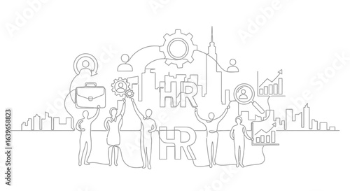 HR Illustration: Conceptual illustration depicting interconnected elements of human resources, showcasing a blend of abstract figures, icons, and textual elements.