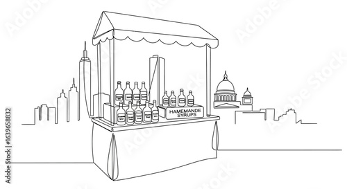 Line Art Beverage Stall: A minimalist line drawing captures a beverage stall against a city skyline, evoking a sense of simplicity and urban charm.