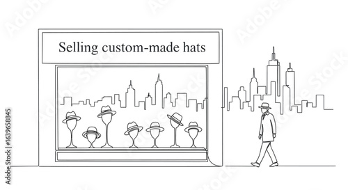 Elegant Millinery: A simple drawing captures the essence of a custom-made hat shop, with an array of stylish hats showcased in the window, and a gentleman strolling past.