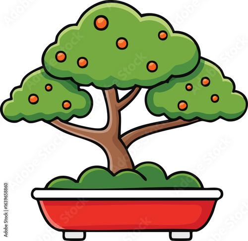 Cartoon illustration of a bonsai tree with orange fruits in a red pot.